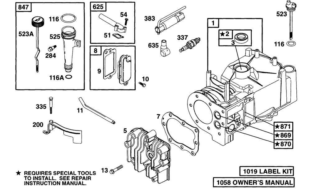 Cylinder, Head, Oil Fill Diagram and Parts List for 95982-3110-01  Briggs and Stratton Engine